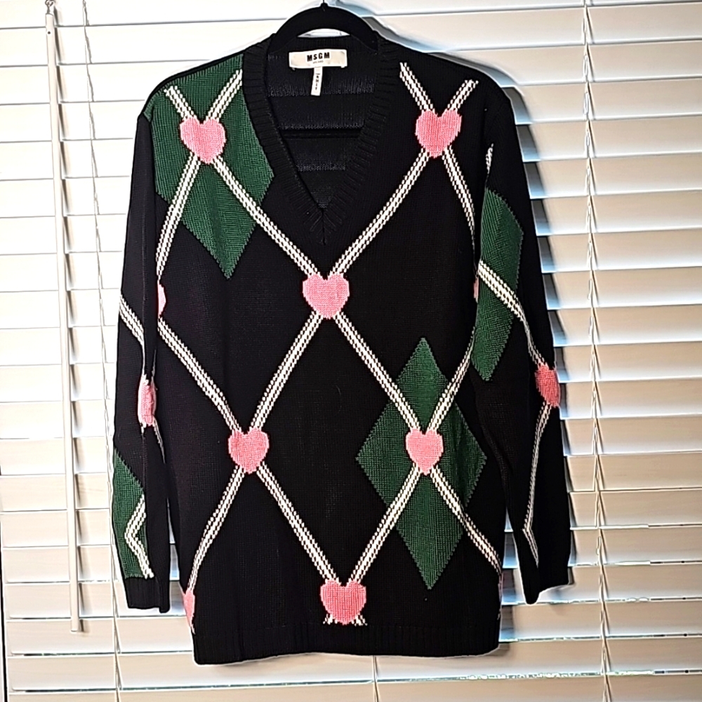 MSGM Milano V-Neck Sweater Navy W/Pink Hearts Size Large